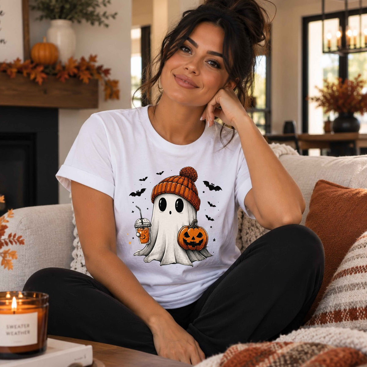 Cozy Ghost Pumpkin Season Ladies’ T-Shirt