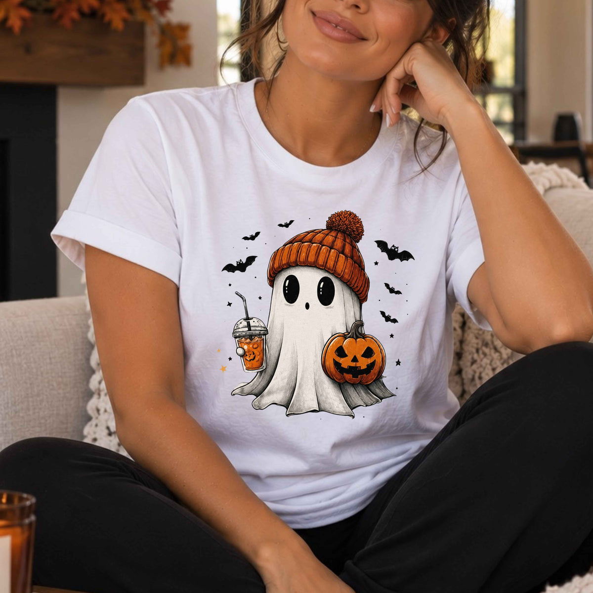 Cozy Ghost Pumpkin Season Ladies’ T-Shirt