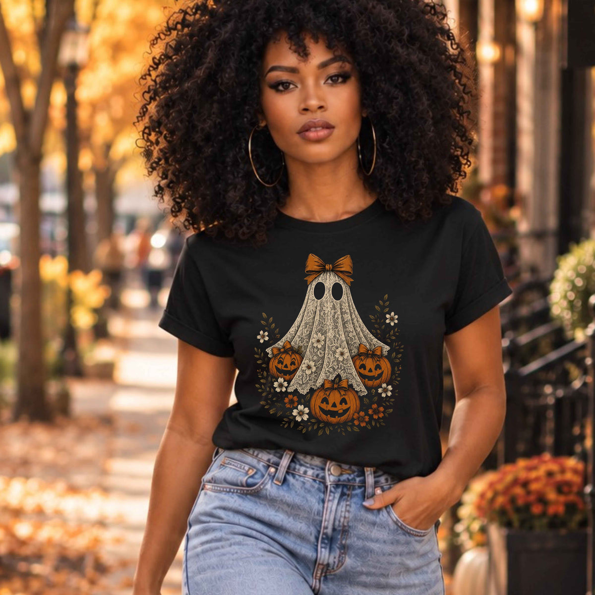 Lace Ghost & Pumpkins Ladies’ T-Shirt