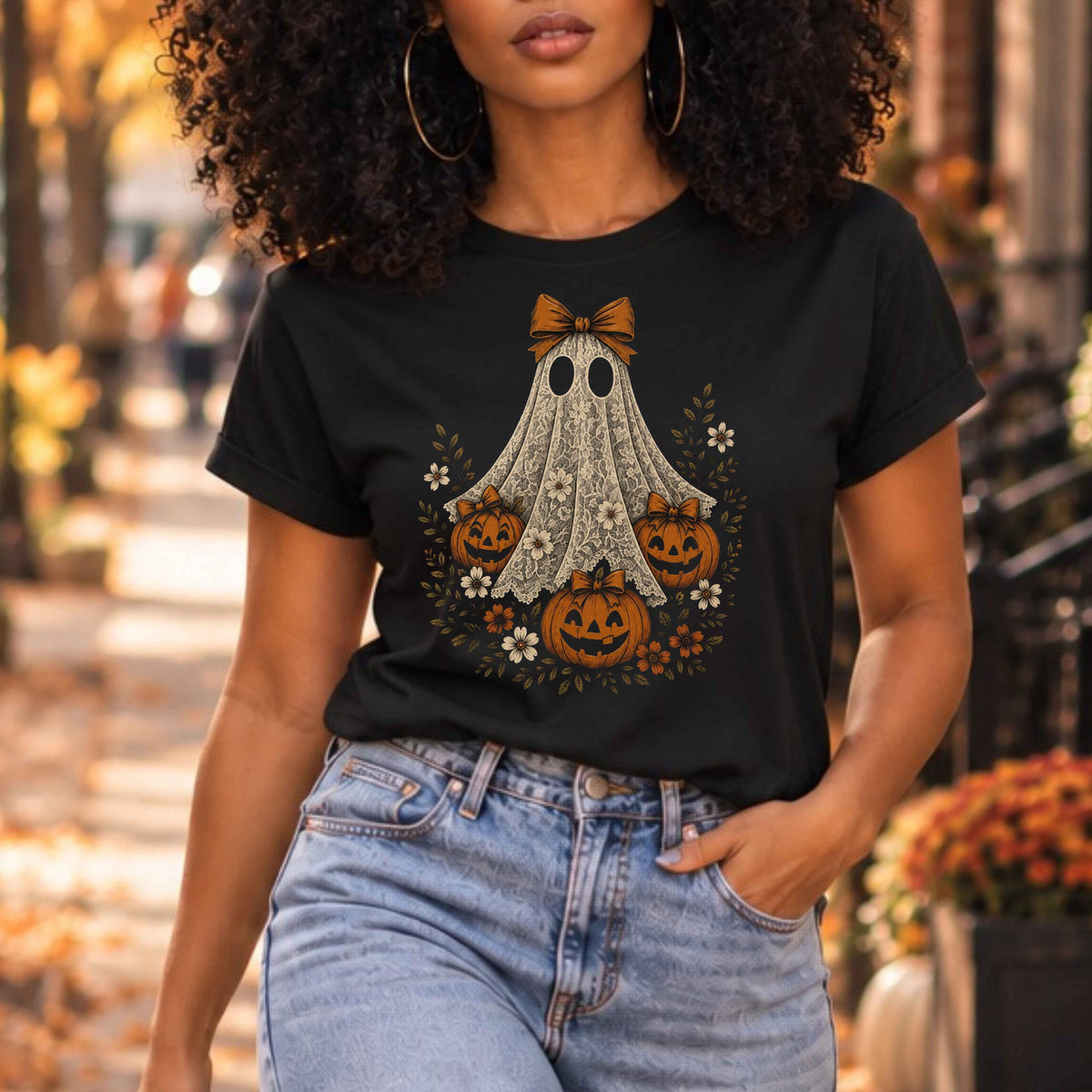 Lace Ghost & Pumpkins Ladies’ T-Shirt