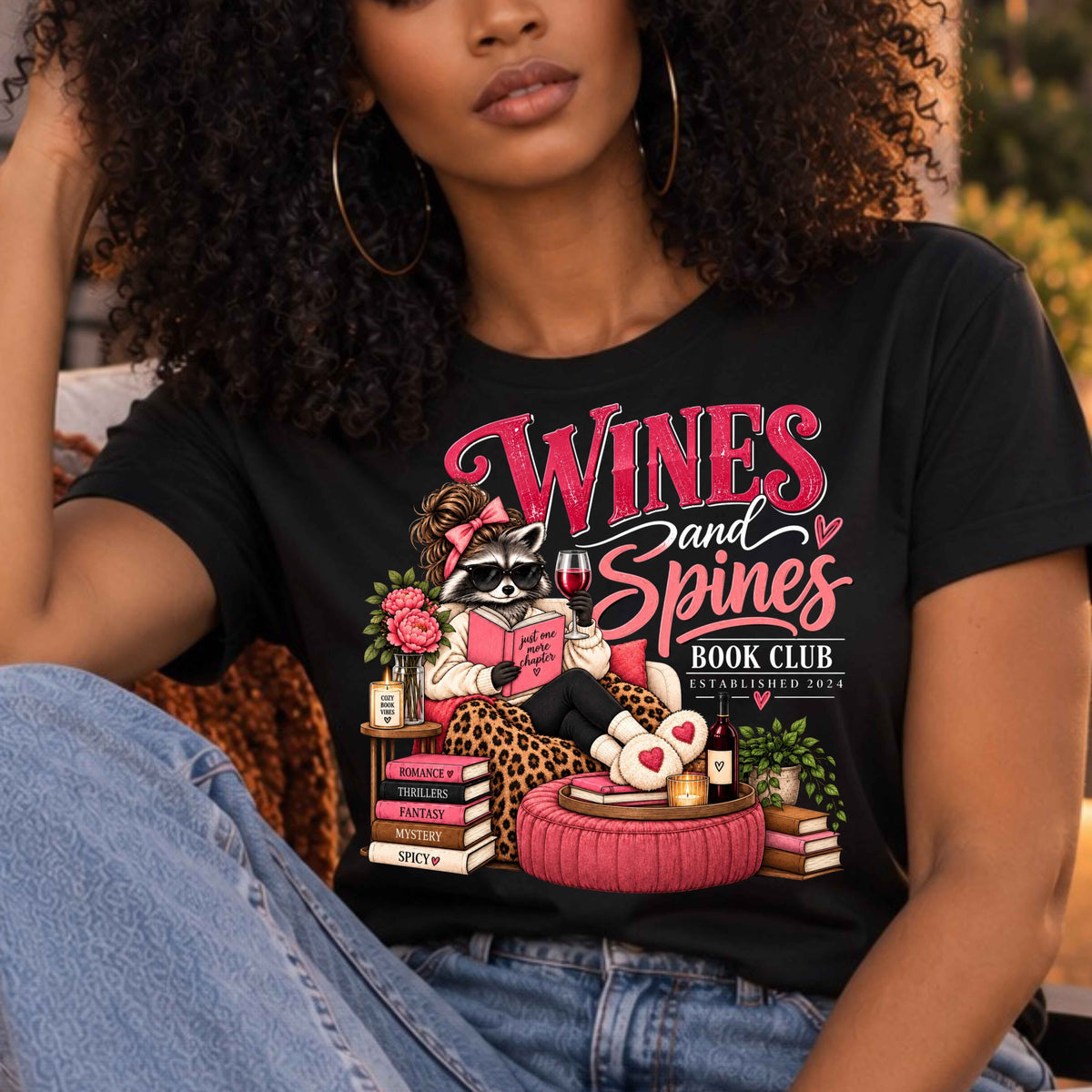 Wines & Spines Book Club Raccoon Short Sleeve T-Shirt