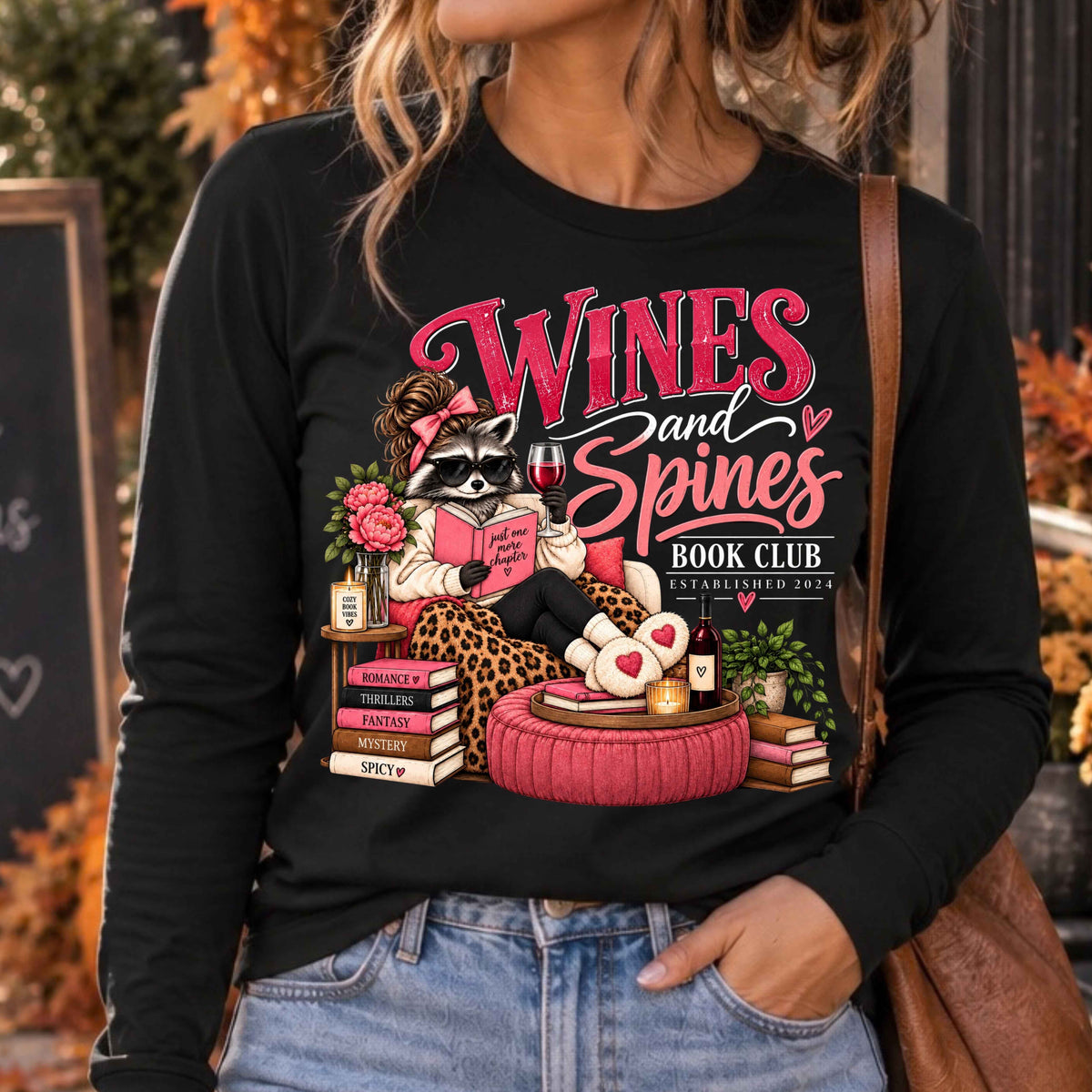 Wines & Spines Book Club Raccoon Long Sleeve T-Shirt Black